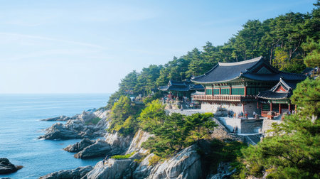 Explore a serene seaside temple nestled among lush trees, overlooking the calm ocean. Perfect for travel inspiration and peaceful escapes.の素材