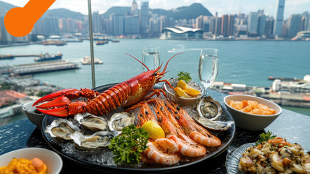 A vibrant seafood platter featuring fresh lobster, shrimp, and oysters set against a stunning city skyline, perfect for a luxury dining experience.の素材