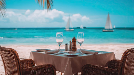 Enjoy a serene beachfront dining experience with stunning ocean views, complete with elegant table settings and sailboats in the distance. Perfect for romantic getaways.の素材