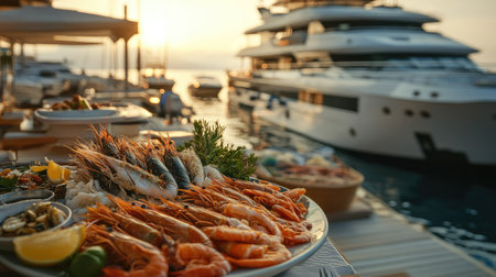 A vibrant seafood platter featuring fresh shrimp and shellfish, elegantly presented at a marina during sunset, perfect for dining by the water.の素材