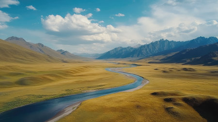 A breathtaking aerial view of a serene river meandering through a vast mountainous landscape under a clear blue sky, showcasing nature's beauty and tranquility.の素材