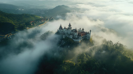 A breathtaking aerial view of a mist-covered castle nestled among majestic mountains, capturing a sense of mystery and enchantment in nature's beauty.の素材