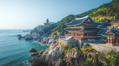 A stunning coastal view featuring a traditional temple perched on rocky cliffs. This serene landscape showcases the harmony between nature and architecture, ideal for travel enthusiasts.の素材