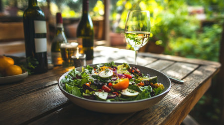A delightful plate of fresh salad sits on a rustic table, surrounded by vibrant colors and natural light. Perfect for outdoor dining experiences.の素材