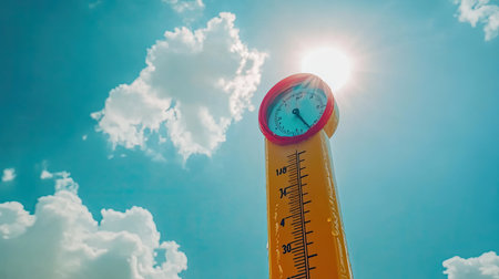 A vibrant thermometer stands tall under a bright sun against a clear blue sky, capturing the essence of warm weather and summer vibes in nature.の素材
