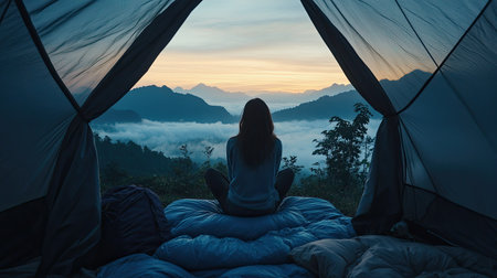 A person enjoys a peaceful morning view from inside a tent, gazing at the misty mountains during sunrise. Perfect for capturing the essence of adventure and solitude.の素材