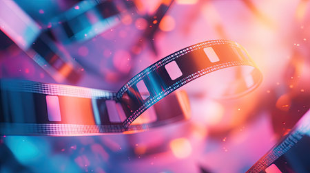 A vibrant and artistic representation of a film reel, showcasing colorful lights and bokeh effects, perfect for cinema-themed projects and creative designs.の素材