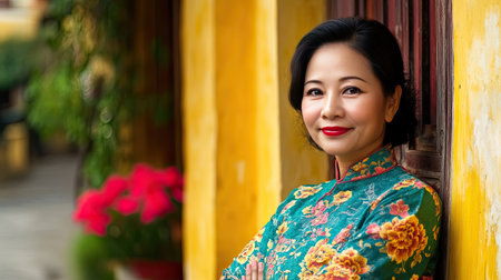 A radiant woman in traditional attire stands against a vivid backdrop. Her smile and the colorful scenery reflect cultural heritage and elegance. Perfect for lifestyle content.の素材