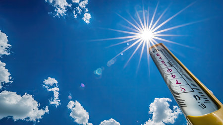 A vibrant scene featuring a thermometer against a bright sun and clear blue sky, symbolizing warm weather and summer season. Ideal for weather-related themes.の素材