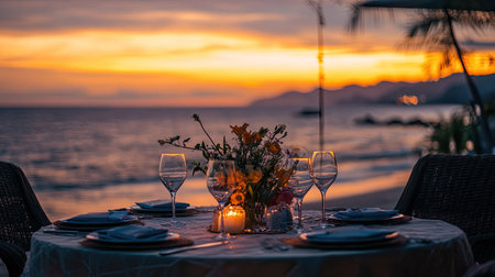 A romantic beachside dinner setting at sunset showcases a beautifully arranged table with glasses, flowers, and candles against a serene ocean backdrop.の素材