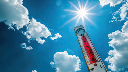 A clear blue sky with bright sunlight and a thermometer measuring temperature. This vibrant image showcases the essence of summer and warm weather.の素材