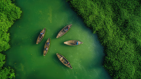 Aerial view of traditional wooden boats on a serene green waterway, surrounded by lush greenery. This peaceful scene captures the essence of nature and tranquility.の素材