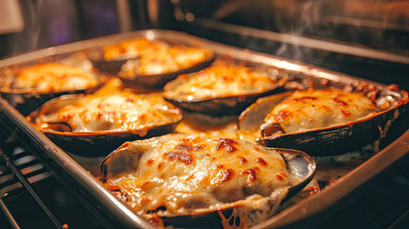Indulge in this tempting baked shellfish topped with melted cheese, emanating warmth and delicious aromas, perfect for any seafood lover's dinner!の素材
