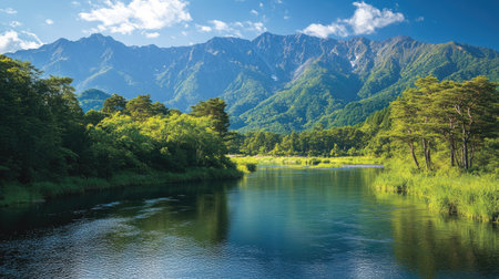 The fresh green landscapes of Kamikachi, with the tranquil Azusa River and the towering peaks of the Hotaka Mountains creating a serene and picturesque scene.の素材