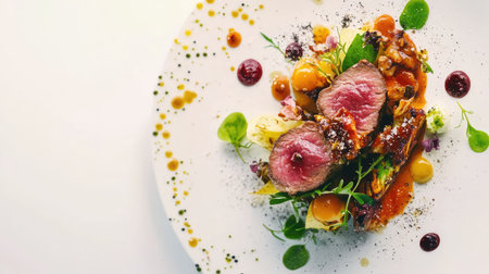 A cinematic close-up of a gourmet dish plated with artistic precision, on a pristine white background.の素材