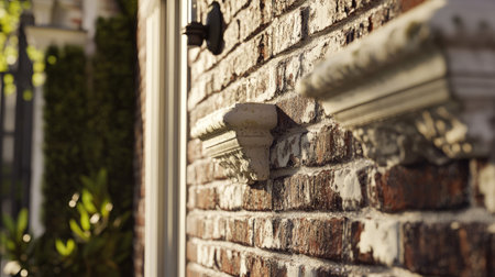 A brick wall with decorative white stucco framing the edges, creating a sophisticated, elegant finish.の素材