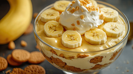 Banana pudding served in a bowl, featuring layers of creamy vanilla pudding, banana slices, and soft wafers, with a dollop of whipped cream on top.の素材