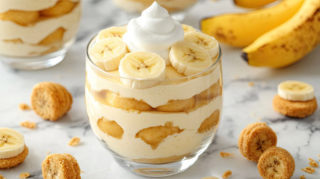 Classic banana pudding dessert with layers of vanilla pudding, banana slices, and soft wafers, topped with whipped cream, on a marble surface.の素材
