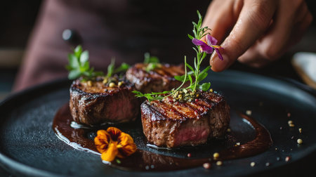 Chef displaying perfectly cooked veal medallions, beautifully arranged with fresh herbs, sauce accents, and a small flower on a black plate.の素材