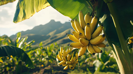 A bunch of ripe Dwarf Cavendish bananas hanging under large tropical leaves, set in the picturesque landscape of the Canary Islands.の素材
