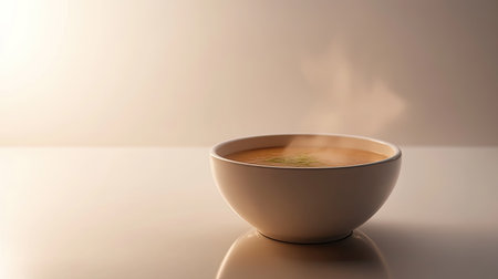 A minimalist scene of a steaming hot bowl of soup in cinematic focus, with a pure white backdrop.の素材
