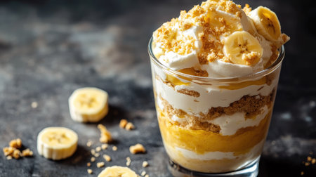 A decadent banana pudding parfait in a glass, topped with whipped cream, cookie crumbs, and fresh bananas, with ample space for text.の素材