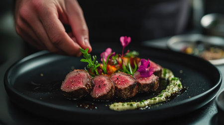 A chef's hand showcasing a black plate with tender veal medallions, fresh herbs, delicate sauce art, and a small flower for an elegant presentation.の素材
