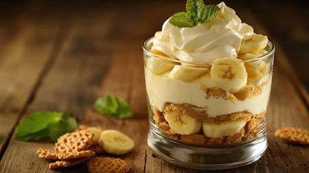 A serving of banana pudding with golden wafers, sliced bananas, and vanilla pudding, topped with whipped cream, placed on a rustic wooden table.の素材