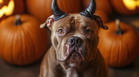 Close-up of an American Bully dog wearing a devil costume, horns perfectly perched on its head as it sits patiently, prepared for Halloween festivities. Glowing pumpkins in the background.の素材