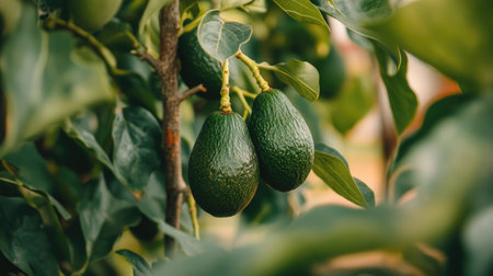 Avocados growing on the tree, surrounded by healthy green leaves and branches, captured in a serene farm landscape.の素材