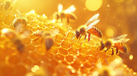 Close-up of honey bees crafting golden beeswax on a vibrant honeycomb, their wings shimmering in the sunlight as they work in harmony to build the hive.の素材