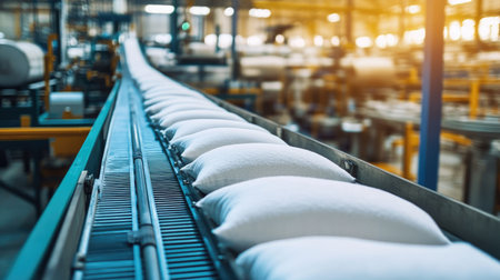 Conveyor belt carrying white bags of sugar from a warehouse into a container, with industrial equipment in the background and neatly organized stock.の素材