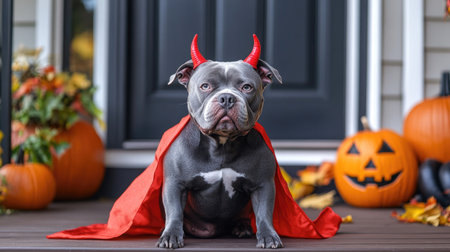 American Bully getting ready for Halloween, wearing a devil costume complete with red horns and a cape. The dog is sitting on the porch, surrounded by Halloween decorations.の素材