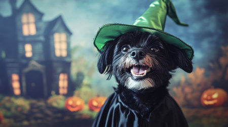 Black terrier with a beaming smile, proudly wearing a green witch hat and black robe, standing in front of a haunted house backdrop at a lively Halloween party.の素材
