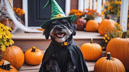 Black terrier dressed in a witch outfit, complete with a green hat and black robe, sitting on a porch surrounded by pumpkins and cobwebs, grinning happily for Halloween.の素材