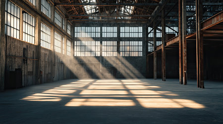 A rustic warehouse with sunlight pouring through the windows, casting shadows across the open space and highlighting the exposed steel and wooden beams.の素材