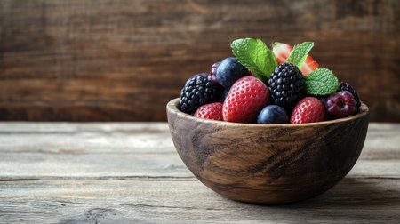 A rustic wooden bowl packed with mixed fresh berries and sprigs of mint, placed on a vintage wooden table. Perfect for a summer snack scene.の素材