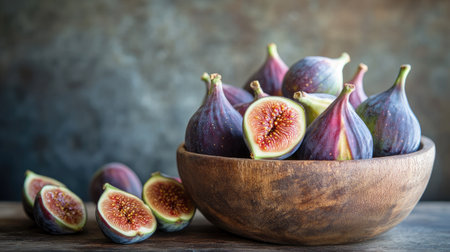 A wooden bowl full of ripe figs, some cut in half to display their colorful interior, set on a rustic table for a close-up food shot.の素材