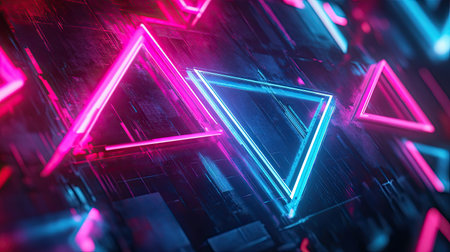Abstract 3D rendering of geometric shapes and neon lights in a digital space, perfect for futuristic tech backgrounds.の素材