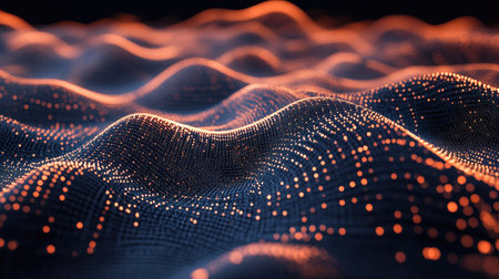 A complex 3D rendering of interconnected dots and lines on a dark background, representing digital networks and data communication.の素材
