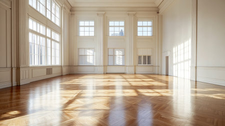 A bright, empty room with a sleek parquet floor and high ceilings, with natural sunlight creating a pattern on the floor, exuding a clean and open spaceの素材