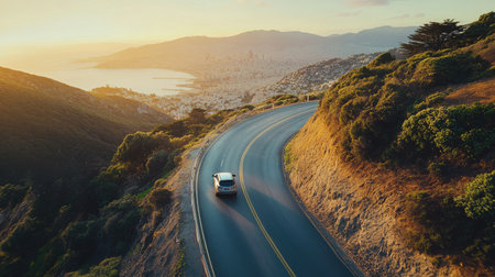 A luxury SUV cruising along a scenic mountain road, with breathtaking city views below, perfect for travel promotions or road trip adventures.の素材