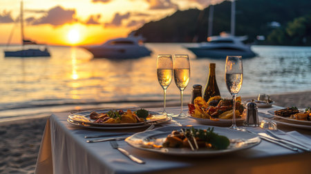 Beach table set for a romantic sunset dinner, featuring elegant food, drinks, and a sea view with yachts, perfect for a honeymoon or summer getaway.の素材