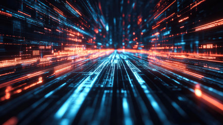 Dynamic 3D rendering of light trails and floating geometric shapes, representing the future of digital technology.の素材