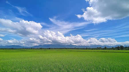 Blue sky and white clouds hovering over a vast green rice field, placed on a white background for nature-focused themes in rural areasの素材