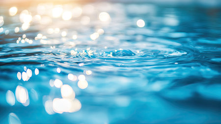 Blue water surface with gentle ripples, soft defocused texture, clear and transparent. Blurred shining pattern of light reflecting off the calm water, with subtle splashes and bubbles.の素材