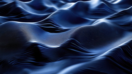 Abstract 3D rendering of digital waves in a blue and black color scheme, creating a dynamic, flowing background perfect for technology themes.の素材