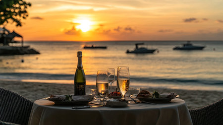 Elegant beachside table for two with gourmet dishes and champagne, set for a sunset dinner with a view of the sea and yachts in the distance.の素材