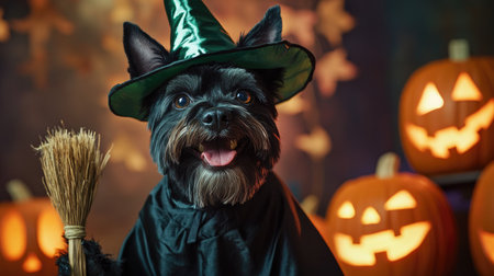 A black terrier smiling in a witch costume with a green hat, black robe, and a broomstick beside it, posing at a Halloween party with glowing jack-o'-lanterns in the background.の素材