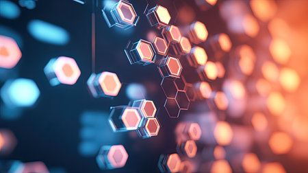 High-tech digital background featuring 3D rendering of floating hexagons and abstract light patterns, symbolizing innovation and future technology.の素材